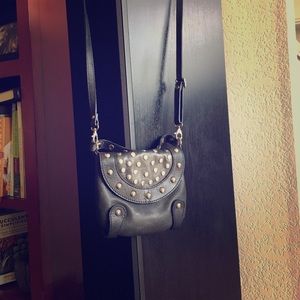Small black leather studded cross body bag